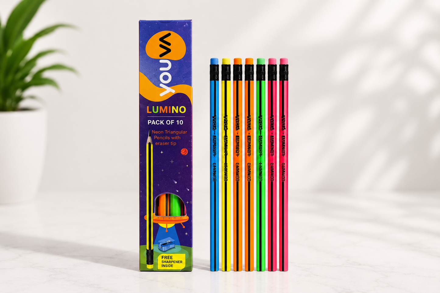 Pack of 10 colorful pencils with a branded packaging box on a white background