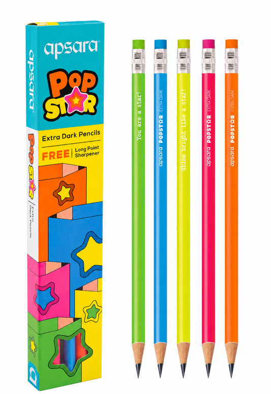 Apsara Pop Star dark pencils with colorful packaging on a white background