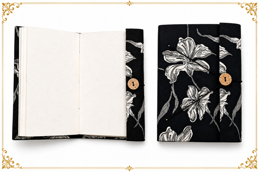Black floral handmade lock journal diary with eco-friendly handmade paper pages by Giftopia Kids