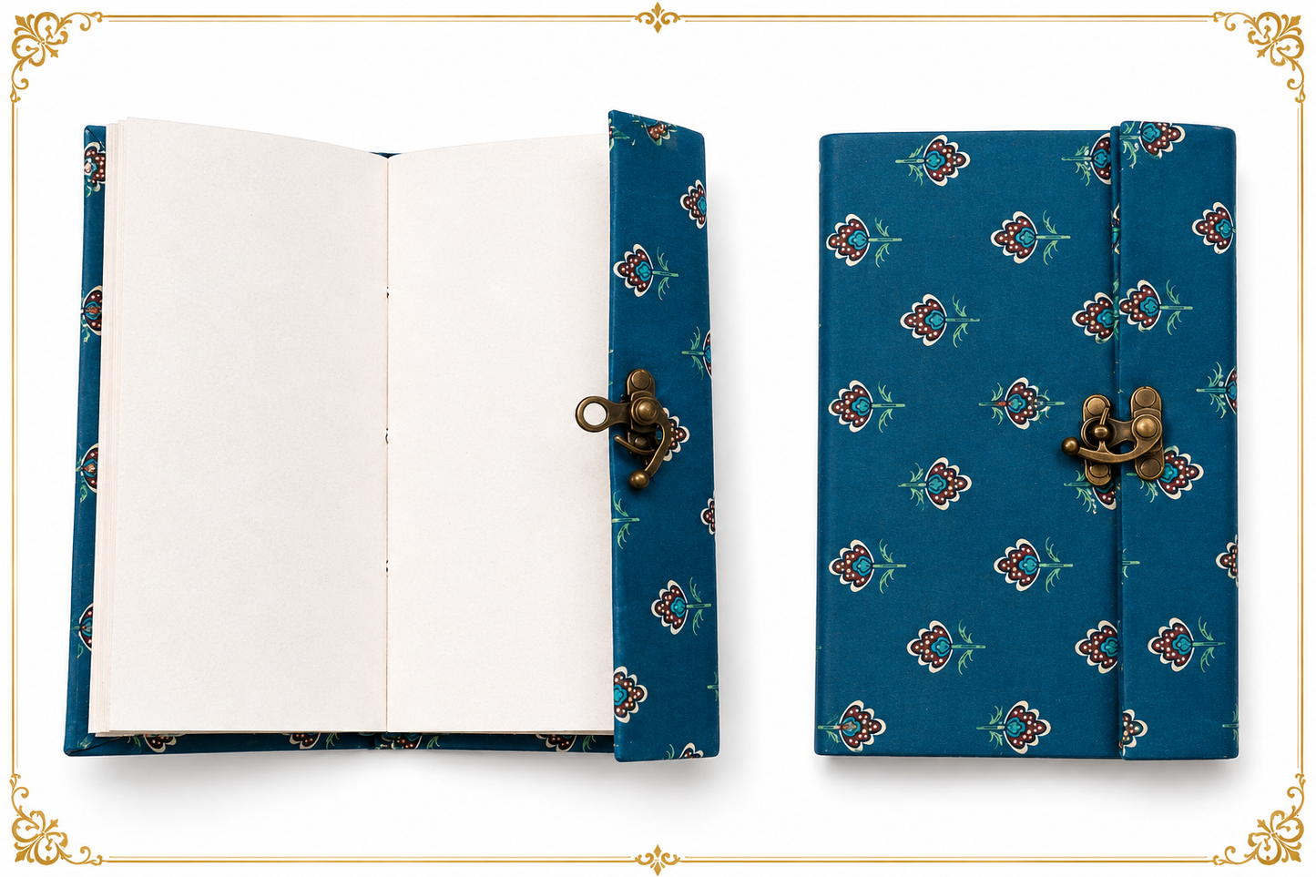 Blue floral handmade lock diary with brass clasp and handmade paper pages by Giftopia Kids
