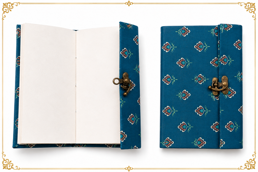 Blue floral handmade lock diary with brass clasp and handmade paper pages by Giftopia Kids

