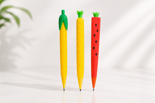 Three carrot-shaped pens in red, yellow, and green on a white background