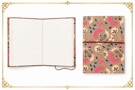 Handmade floral journal diary with pink fabric cover and eco-friendly handmade paper pages